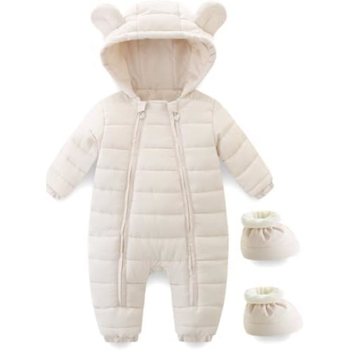 Baby Winter Snowsuit Cute Bear Ears Hooded Romper Toddler Double Zipper Warm Jumpsuit Windproof 0~24M