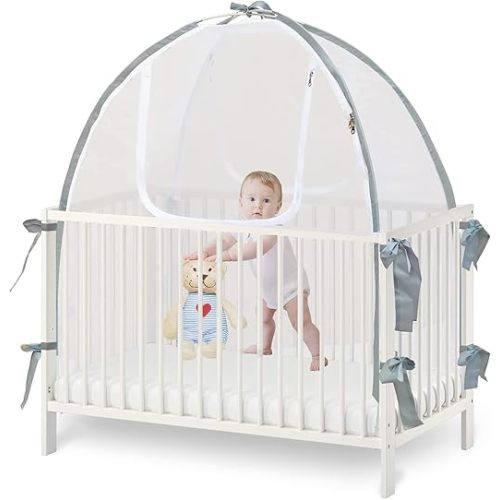 Baby Crib Tent Safety Net, Durable Strong Self-Locking Zippers, Protects from Climbing Out and, Insects, Mosquitoes, Installs with Rods (Crib 52.25" - 28.25")