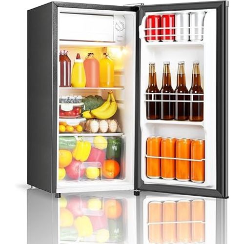Seaoola Mini Fridge with Freezer, Single Door 3.1 Cu.Ft, Compact Mini Refrigerator, LED Light, Adjustable Thermostat, Removable Glass Shelves, Small Refrigerator for Dorm/Office/Bedroom(Sliver)