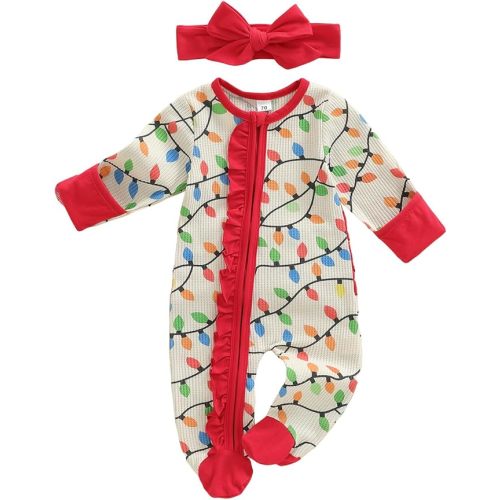 Newborn Baby Girl Boy Christmas Outfit Long Sleeve Light String Footie Romper Waffle Jumpsuit Headband/Hat