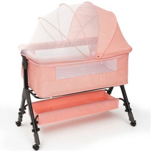 3 in 1 Baby Bassinet Bedside Sleeper with Wheels, Mosquito Net, Foldable Crib, Pink
