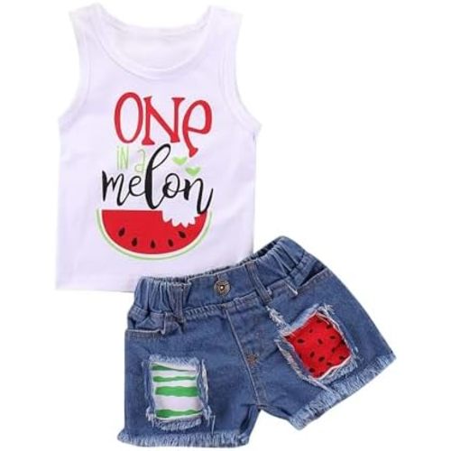 Mikrdoo Baby Girl Clothes Toddler Girl Summer Outfits Shirts Tops Ripped Denim Shorts Set Little Girls Clothes