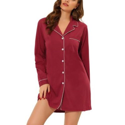 cheibear Women's Casual Long Sleeve Notched Lapel Button Down Lounge Nightshirt