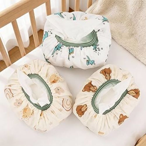 3 Pcs Baby Wipes Cover- Universal Size, Reusable Muslin Cotton Fabric Wipe Holder Pouch for Boys and Girls (Dinosaur, Rainbow, Bear)