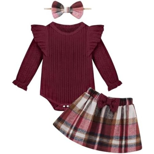 Weixinbuy Baby Girls Fall Outfits 3-Piece Set Long Sleeve Romper & Plaid Skirt Headband Soft Snap Closure Holiday Gift 0-18M