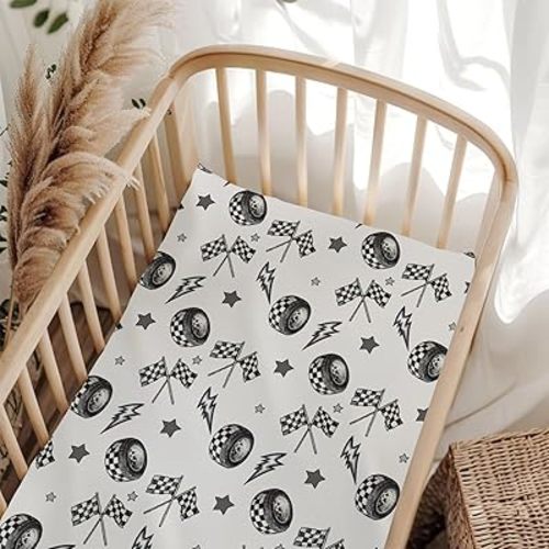 Cute Race Car Flag Black and White Plaid Fitted Baby Crib Sheet for Boys Girls 28"x52" Breathable Tire Stars Checkered Vehicles Baby Sheet for Standard Crib and Toddler Mattress Bed Sheet