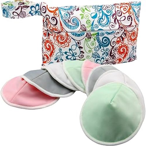 PINOWU Women’s Nursing Pads - 8 Washable Pads + Wet Bag + Wash Bag, Breastfeeding Nipple Pads for Maternity - Reusable Nipplecovers for Breast Feeding (Pastel Touch, Large 4.7")
