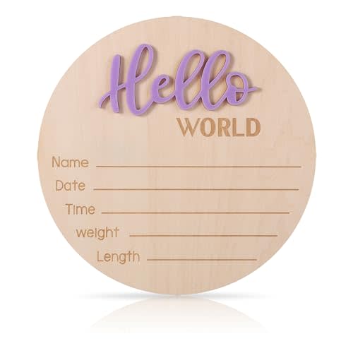 Newborn Announcement Sign, 5.9in Wooden Hello World Sign Baby Welcome Sign Birth Baby Name Plaques for Newborn Boys and Girls Photo Props Baby Shower Hospital Nursery (Light Purple)