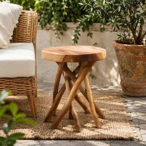 Handmade Teak Branch End Table, Natural Wood Side Table, Rustic Accent Stool, Organic Wooden
