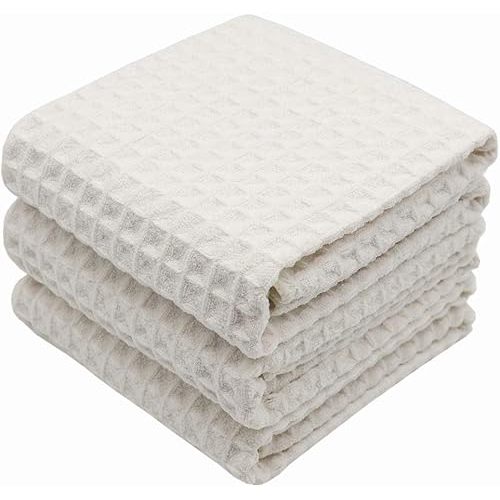 Waffle Weave Kitchen Drying Towels - Thick Microfiber, Absorbent, Lint Free 16Inch x 24Inch 3 Pack Beige