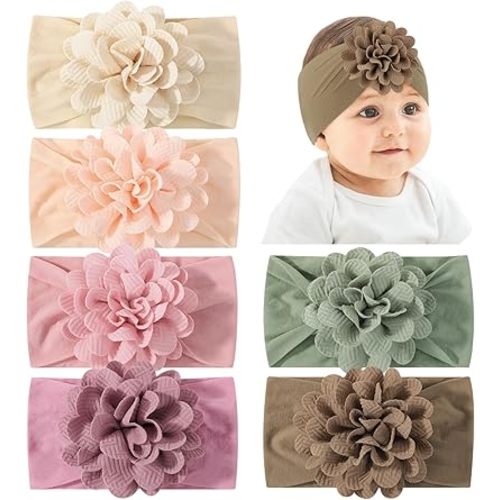 jollybows 6pcs Baby Girls Flower Hair Headbands Nylon Hair Bands Elastic Hair Accessories for Newborn Kids Infants Toddlers Light Color