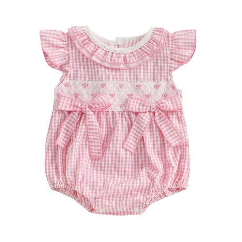 xkwyshop Newborn Baby Girl Summer Outfit Bow Smocked Bubble Romper Doll Collar Plaid Bodysuit Fly Sleeve Jumpsuit Clothes