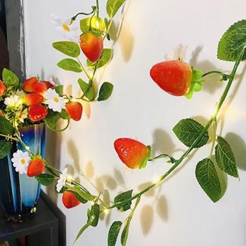 Artificial Strawberry Flower Vine with 20 LED String Lights Garland Battery Operated Wedding Birthday Decor (Strawberry String Light)