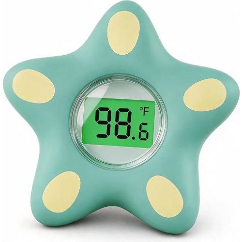 Baby Bath Thermometer for Infant & Toddler, Floating Digital Water Temperature Thermometer with 3-Color LED Backlight, Instant Accurate Reading,Baby Bath Toy,Hot & Cold Alert（Green starfish）
