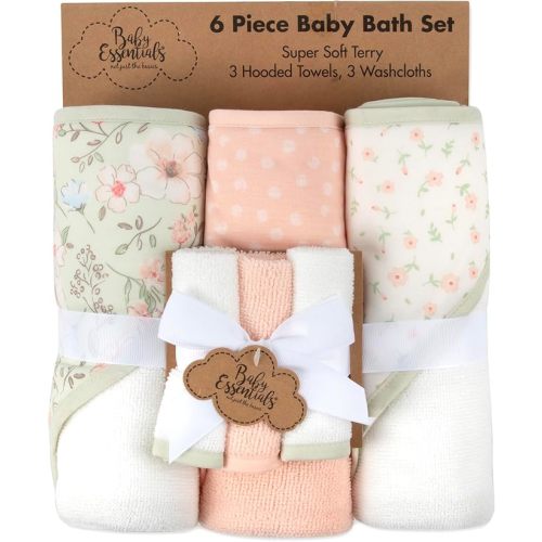Hooded Baby Bath Towel and Washcloth 6 Piece Set for Newborns, Infants & Toddlers, Boys & Girls Baby Hooded Towels Set Floral Pink