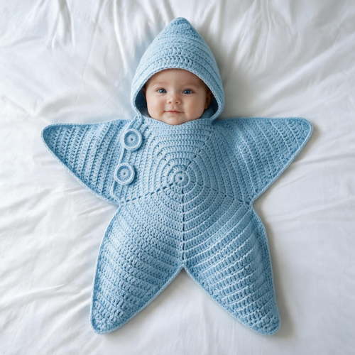 Baby Star Suit Hooded Crochet Hand-Knit Star Outfit Cute Infant Photo Prop Wrap for Newborn Pictures Nursery Display Baby Shower Gift, Blue