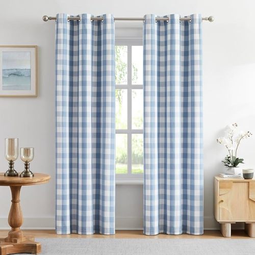 Amzdecor Blue White Buffalo Plaid Full Blackout Curtains 84 Inch Long for Bedroom Living Room Farmhouse Check Patterned Drapes Thermal Insulated Soundproof Grommet Window Treatment, 2 Panels, 40"x84"
