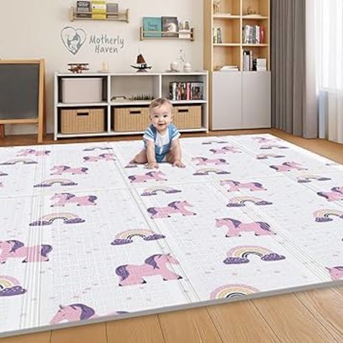 79x71 Foldable Baby Play Mat for Floor, Extra Large Reversible Foam Play Mat for Babies 6-12 Months, Waterproof Portable Foam PlayMat for Tummy Time for Toddler - Unicorn and Clouds