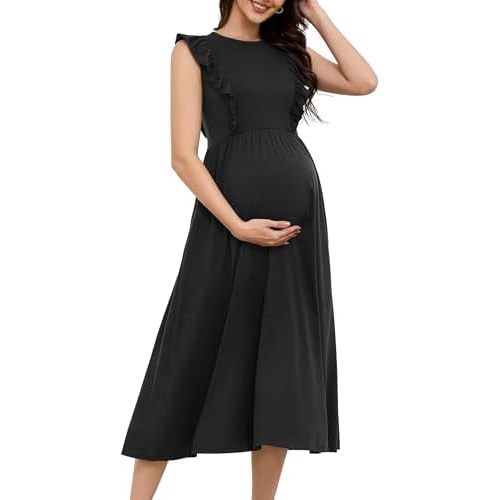 OUGES Womens 2026 Spring Hidden Zipper Nursing Dress for Breastfeeding Casual Sleeveless Ruffled Midi Maternity Dress