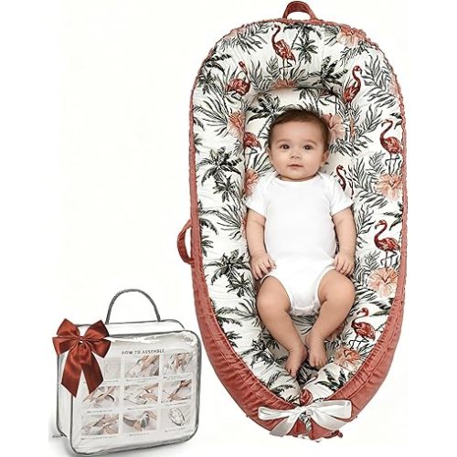Baby Lounger-Breathable and Soft Organic 100% Cotton, Portable Infant Lounger with Removable Lounger Cover, Baby nest Lounger for Newborn - Red Flamingo