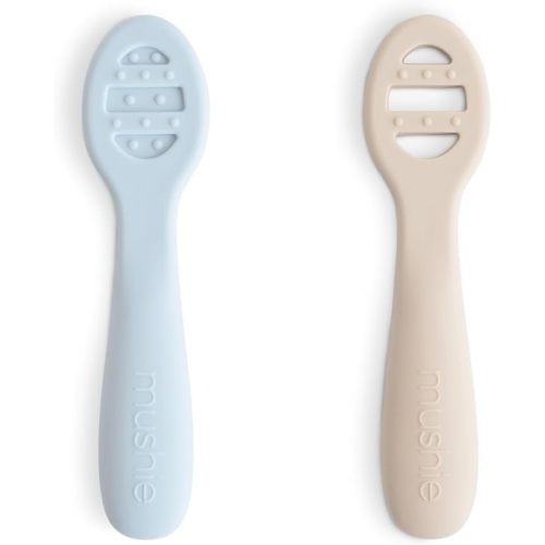 mushie Silicone First Feeding Baby Spoons | 2 Pack (Powder Blue/Shifting Sand)