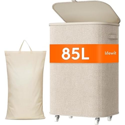 Lifewit 85L Plastic Laundry Basket with Lid, Large Clothes Hamper with Wheels and Removable Bag, Tall Collapsible Rolling Storage Bin for Dorm Bedroom Bathroom, Beige