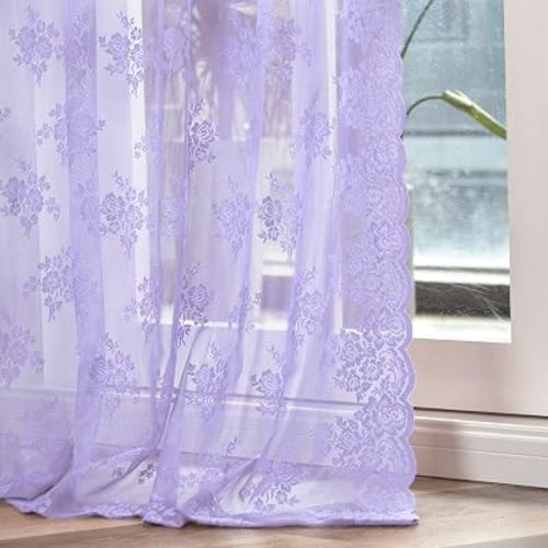 Kotile Light Purple Sheer Curtains for Bedroom Floral 52 x 63 Inch 2 Panels