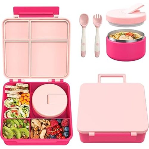Bento Lunch Box with 8oz Soup Thermo, Kids Leakproof Lunch Food Containers with 4 Compartment, Kids Thermo Insulated Hot Food Jar for School, Trvael - (Pink)