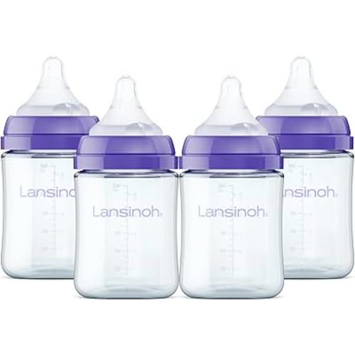 Lansinoh Anti-Colic Glass Baby Bottles, 5 Ounces, 4 Count, Includes 4 Extra Slow Flow Nipples (Size XS, Newborn), Baby Essentials