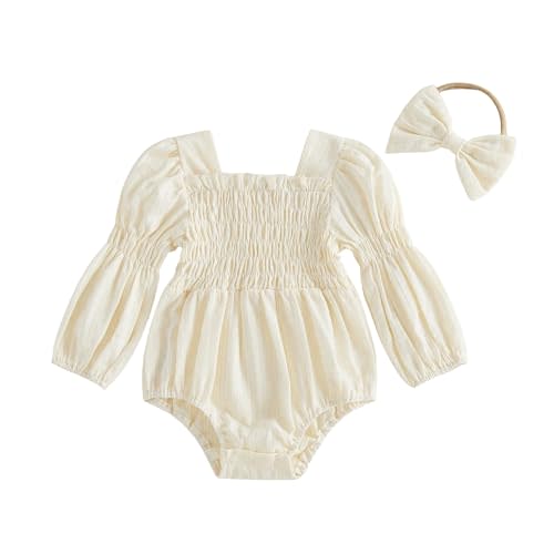 Kavousa Newborn Baby Girl Clothes Smocked Bubble Romper Headband Outfit | Infant Baby Girl Clothing, Long Sleeve Bubble Romper and Headband Cute Outfit for Fall Winter, Sping, Daily, Photoshoot, Gift