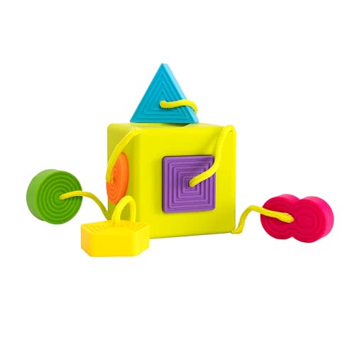 Fat Brain Toys OombeeCube, Toddler and Baby Toys 10 Months and Up, Travel-Friendly Shape Sorter with Tethered Shapes for Early Learning