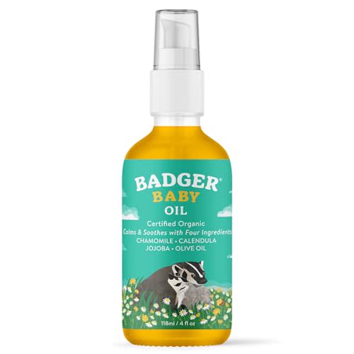 Badger Baby Oil, 100% Organic Ingredients to Soften & Moisturize Dry Skin or Cradle Cap, Soothing Vegan Organic Baby Oil, 4 fl oz Glass Bottle