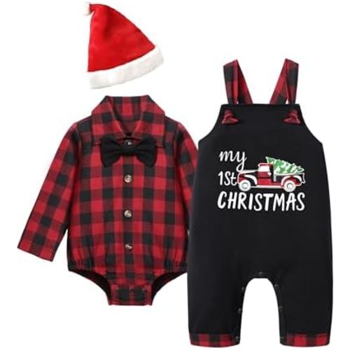 Baby Boy Christmas Outfit My First Christmas Day Baby Boy Outfit Plaid Romper + Overall Pants + Hat 3pcs Xmas Sets