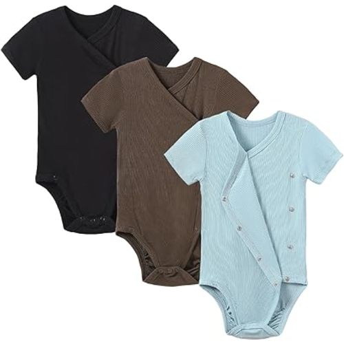 DEFAHN Viscose from Bamboo Baby Side Snap Bodysuit Kimono Onsies 3-Pack Long Short Sleeve Boy Girl Boys