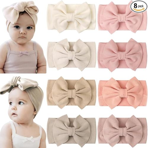 CÉLLOT 8 Colors Super Stretchy Soft Knot Baby Girl Headbands with Hair Bows Nylon Head Wrap For Newborn Baby Girls Infants Toddlers Kids