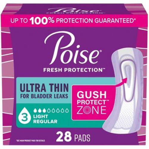 Poise Ultra Thin Incontinence Pads for Women - Light Absorbency - 3 Drop - Regular - 28ct