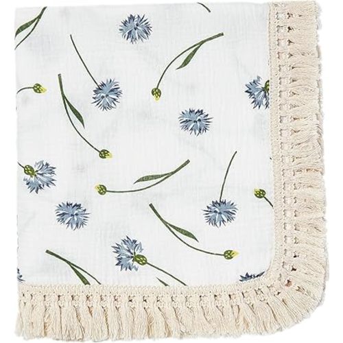 insular Cotton Muslin Baby Blanket with Tassel, Boho Bohemian Muslin Swaddle Blanket Baby Receiving Blanket with Fringe, Nursery Decor Throw or Nursing Blankets, 47" x40”, Blue Dandelion