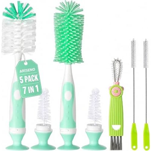 7-in-1 Baby Bottle Brush Set, Nylon & Silicone Bottle Brush - Green