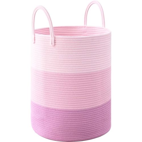Laundry Hamper for Organizing, 52L Tall Laundry Baskets, Cotton Rope Woven Blanket Basket, Collapsible Laundry Hamper for Living Room, Nursery, 15"×18", Pink
