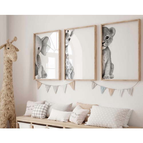 UNFFRAMED Nurseryafari Baby Animal, Set Of 3, Black & White Nursery Decor, Baby Animal Nursery, Nursery Art, Modern Wall Decor Set 3 Prints 20x30