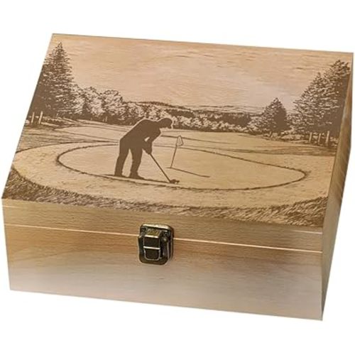 arricraft Golf Theme Wooden Memory Keepsake Box, Metal Knot Box with Hinged Lid and Lock Decorative Storage Box Stash Box for Photo Letter Souvenir Jewelry 7.6x9.6x4inch(19.5x24.5x10.3cm)