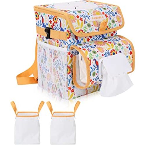 Farasla All-in-One Cute Car Trash Can with 2 Removable Leakproof Interior Liners, Adjustable Tissue Holder & Straps(Flower)