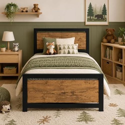 Catrimown Twin Bed Frame with Headboard, Metal Platform Twin Bed Frames with Steel Slat Support, 10.5 in Storage Clearance, No Box Spring Needed, Easy Assembly, Black Brown