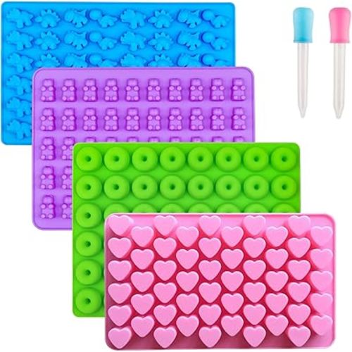 Gummy Bear Candy Molds Silicone, Mini Gummy Molds with 2 Droppers, Non-Stick Silicone Candy Molds Including Heart, Dinosaur, Bear, and Donut, Set of 4