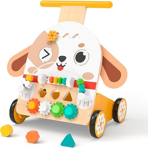 Wooden Baby Walker, 6-in-1 Push Walker for Toddlers | 6-in-1 Puppy Activity Walker with Shape Sorter, Bead Maze, Gears and Rubber Wheels for Toddlers 12-36 Months