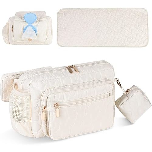 Fanny Pack Diaper Bag with Portable Changing Pad, Adjustable Crossbody Waistpack for Women, Mini Compact Baby Essentials Organizer for Travel, Picnics, Daily Use (Off White)