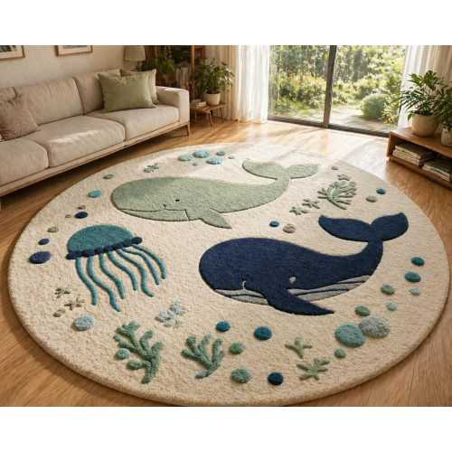 Hand Tufted Whale Rug | Round Ocean Sea Life Carpet for Nursery Kids Room