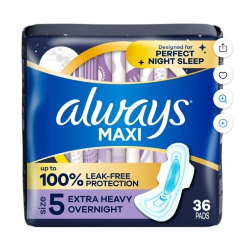 Always Maxi Overnight Pads with Wings for Women, Size 5, Extra Heavy Overnight Absorbency, Unscented, 36 Count