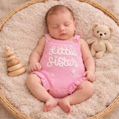 Little Sister Romper, Baby Girl Knit Romper, Newborn Announcement Outfit, Baby Shower Gift, Sister Reveal Outfit, Baby Girl Clothes