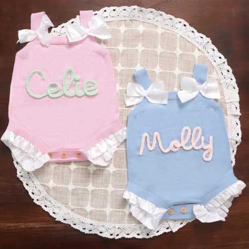 Personalized Baby Romper Girl,Hand Embroidered Knitted Baby Romper with Name,Pink Baby Onesie, One Birthday Outfit,Custom Gift for Baby Girl